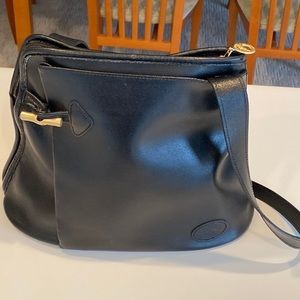 LONGCHAMPS vintage Roseau black leather shoulder bag, gold bamboo hardware